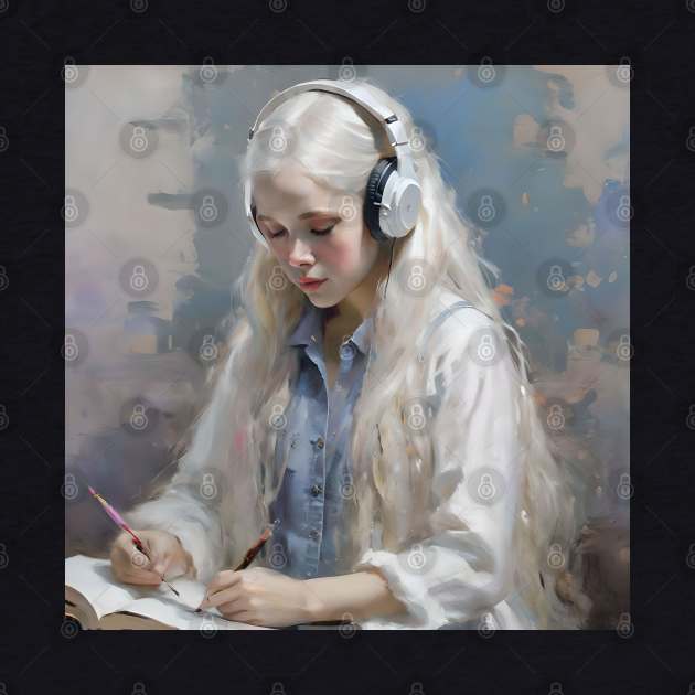 Blonde Girl With Headphones Reading Book B by Oldetimemercan